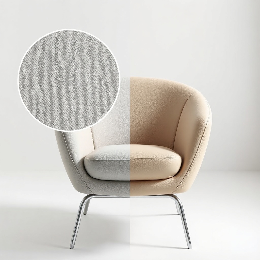 A clean photorealistic split composition of a Bellona Bella armchair; left half shows magn
