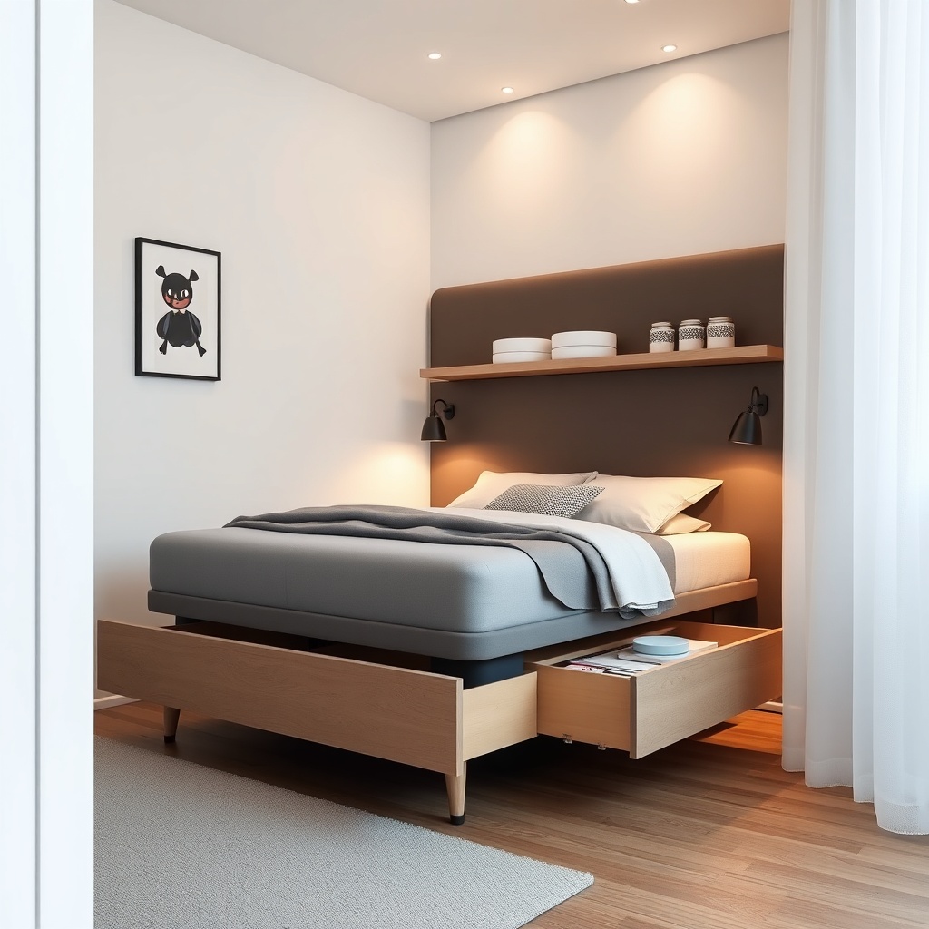 clean photorealistic photo of a small bedroom with an İstikbal Comfort bed base (baza) wit