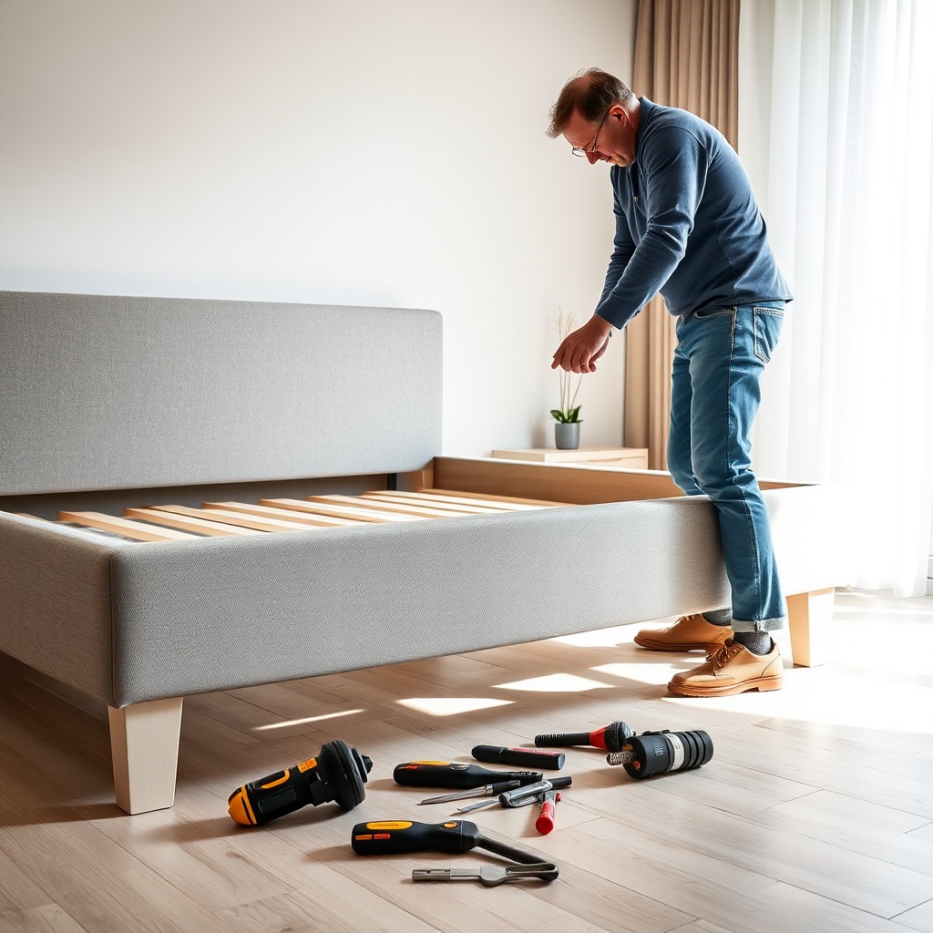 clean photorealistic photo of a person assembling an İstikbal Comfort bed base with tools