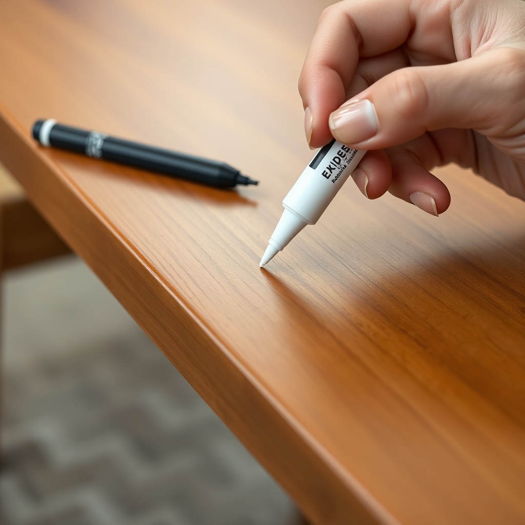 clean photorealistic photo/illustration of applying a touch-up pen on a wooden surface of