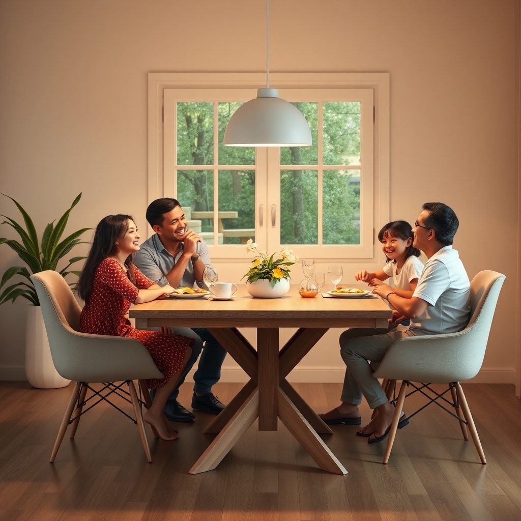 <clean photorealistic photo of a family sitting around an İstikbal Comfort dining table