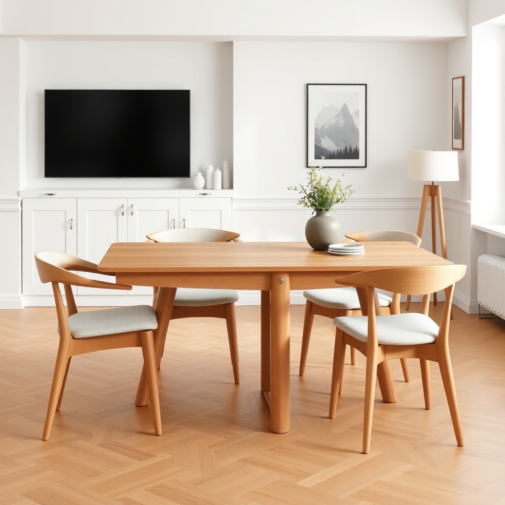 A photorealistic shot of an İstikbal Comfort dining table set with four matching modern ch